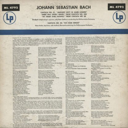 Johann Sebastian Bach, Elisabeth Schwarzkopf, Hans Hotter - Cantata No. 51 / Cantata No. 82 (LP, Mono) - Image 2