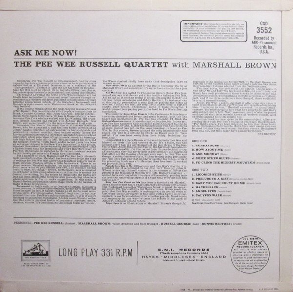 The Pee Wee Russell Quartet* with Marshall Brown - Ask Me Now! (LP, Album) - Image 2