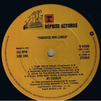 Ry Cooder - Paradise And Lunch (LP, Album, RP) - Image 3