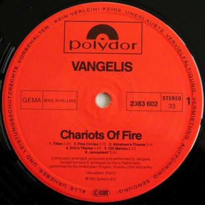 Vangelis - Chariots Of Fire (LP, Album, PRS) - Image 3