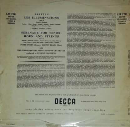 Britten*, Peter Pears, Dennis Brain, Eugene Goosens*, The Strings Of The New Symphony Orchestra* - Les Illuminations / Serenade For Tenor, Horn And Strings (LP, Album, Mono, RP) - Image 2