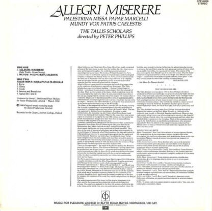 Allegri* / Mundy* / Palestrina*, The Tallis Scholars Directed By Peter Phillips (2) - Miserere / Vox Patris Caelestis / Missa Papae Marcelli (LP) - Image 2