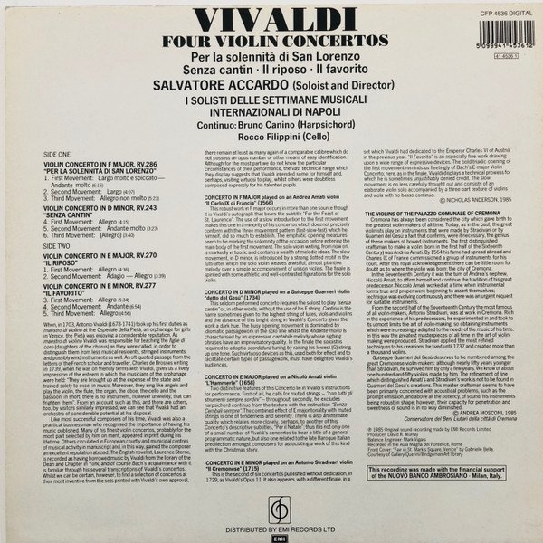 Vivaldi* • Salvatore Accardo - Four Concertos / Vier Konzerte (LP, Album) - Image 2