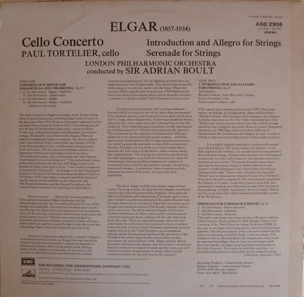 Elgar* - Paul Tortelier, London Philharmonic Orchestra, Sir Adrian Boult - Cello Concerto / Introduction & Allegro For Strings / Serenade For Strings (LP, B&W) - Image 2