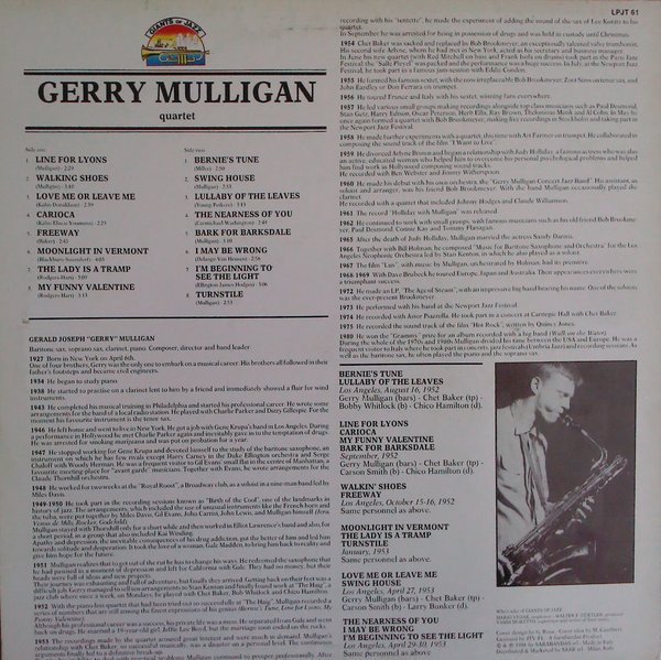 Gerry Mulligan Quartet With Chet Baker - Gerry Mulligan Quartet With Chet Baker (LP, Comp) - Image 2