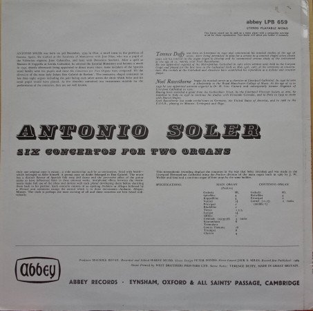 Antonio Soler* / Terence Duffy And Noel Rawsthorne - Six Concertos For Two Organs (LP) - Image 2