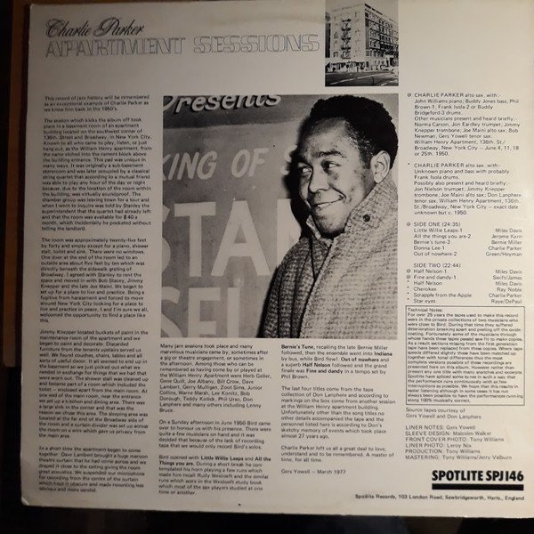 Charlie Parker - Apartment Sessions (LP, Album, Mono) - Image 2