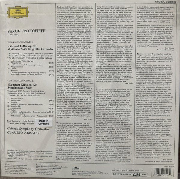 Serge Prokofieff*, Chicago Symphony Orchestra ∙ Claudio Abbado - Lieutenant Kijé Suite / Skythische Suite = Scythian Suite (LP, Num, RM) - Image 2