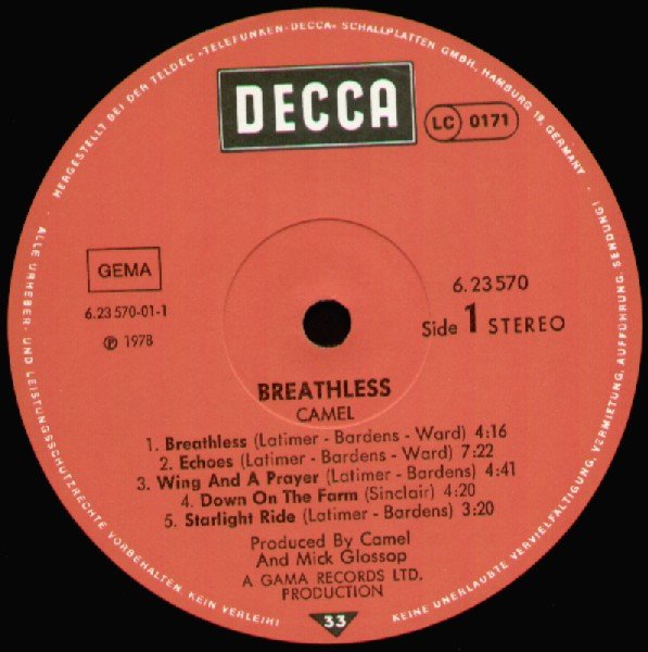 Camel - Breathless (LP, Album, Son) - Image 3