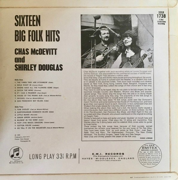 Chas McDevitt & Shirley Douglas - Sixteen Big Folk Hits (LP, Mono) - Image 2