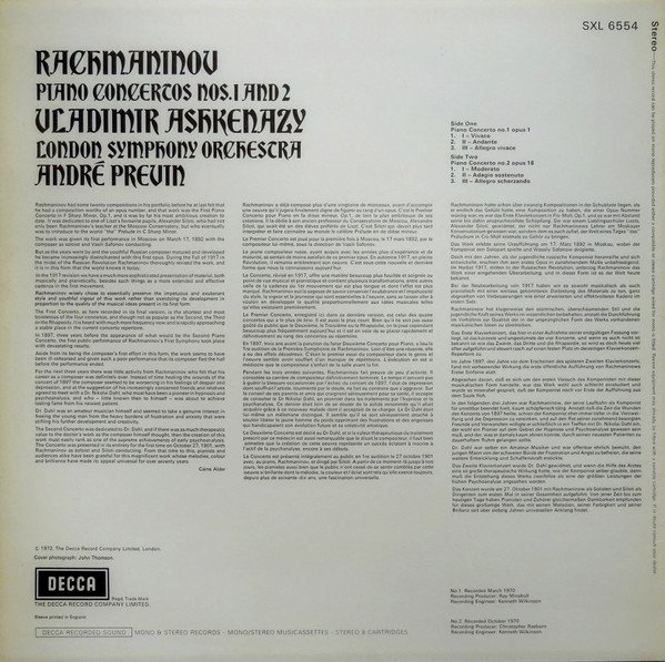 Rachmaninov*, Vladimir Ashkenazy, London Symphony Orchestra, André Previn - Piano Concertos Nos.1 And 2 (LP) - Image 2