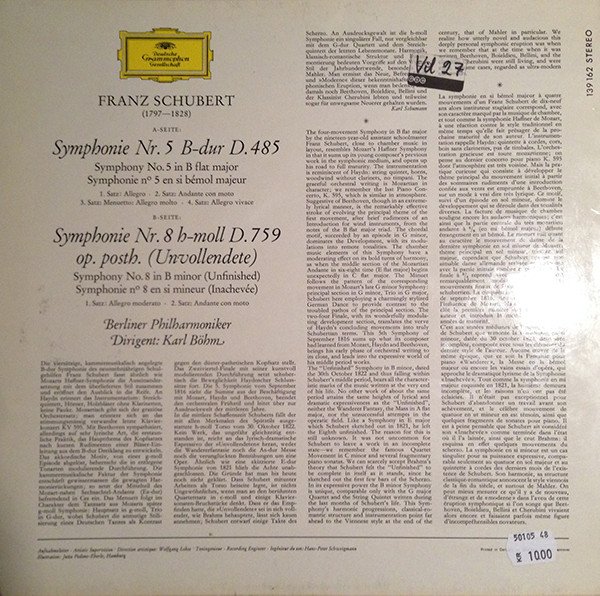 Franz Schubert • Karl Böhm, Berliner Philharmoniker - Symphonien Nr. 5 & Nr. 8 (Unvollendete · Inachevée · Unfinished) (LP, RP) - Image 2