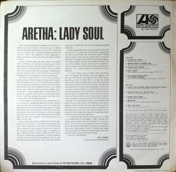 Aretha Franklin - Lady Soul (LP, Album, Mono) - Image 2