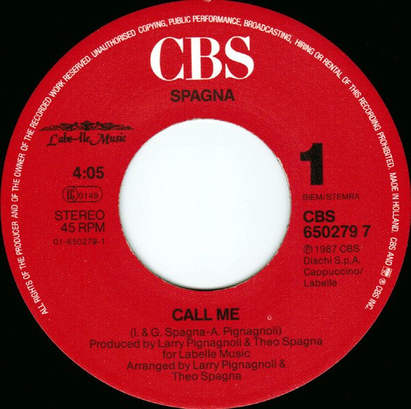 Spagna* - Call Me (7", Single) - Image 3