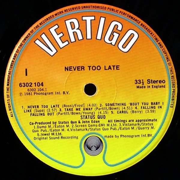Status Quo - Never Too Late (LP, Album) - Image 3