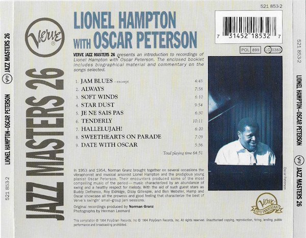 Lionel Hampton With Oscar Peterson - Verve Jazz Masters 26 (CD, Comp) - Image 2