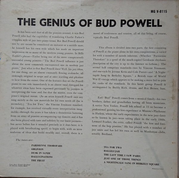 Bud Powell - The Genius Of Bud Powell (LP, Album, RP) - Image 2