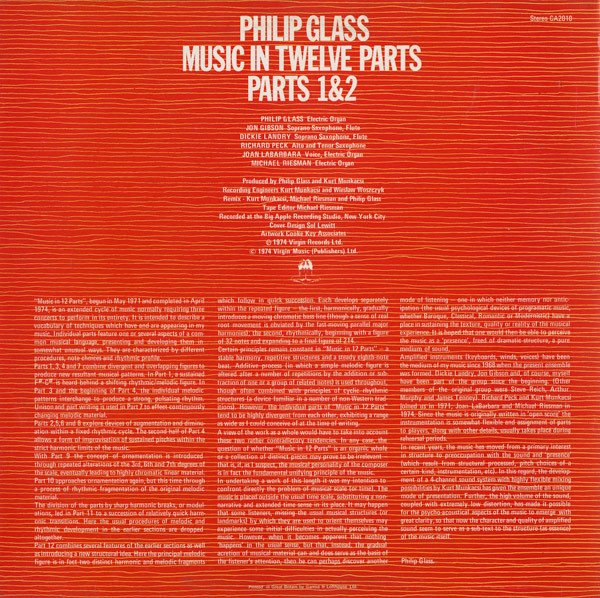 Philip Glass - Music In Twelve Parts - Parts 1 & 2 (LP, Album, EMI) - Image 2