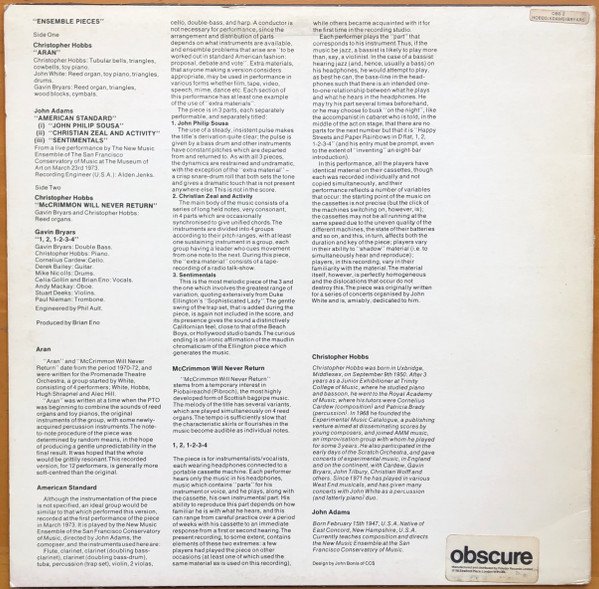 Christopher Hobbs / John Adams / Gavin Bryars - Ensemble Pieces (LP, RE) - Image 2