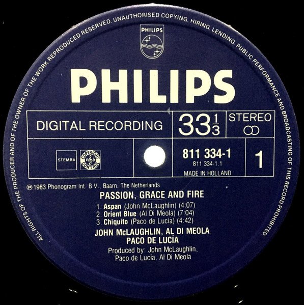 John McLaughlin, Al Di Meola, Paco De Lucia* - Passion, Grace & Fire (LP, Album) - Image 3