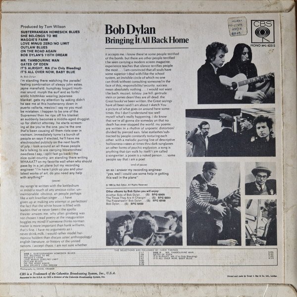 Bob Dylan - Bringing It All Back Home (LP, Album, Mono, CBS) - Image 2