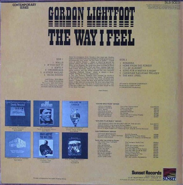 Gordon Lightfoot - The Way I Feel (LP, Album, RE) - Image 2