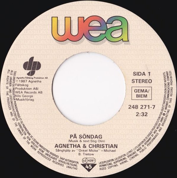 Agnetha* & Christian* - På Söndag / Mitt Namn Är Blom (7", Single) - Image 3