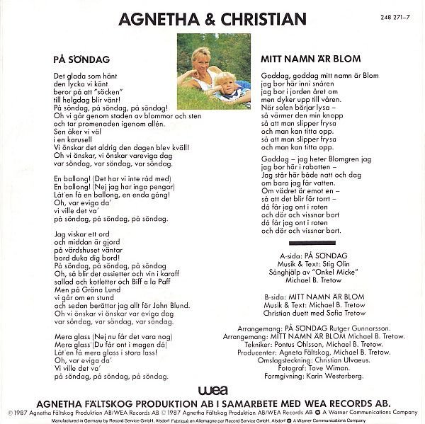 Agnetha* & Christian* - På Söndag / Mitt Namn Är Blom (7", Single) - Image 2