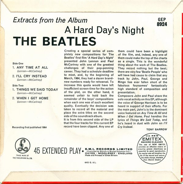 The Beatles - Extracts From The Album A Hard Day's Night (7", EP, Mono) - Image 2